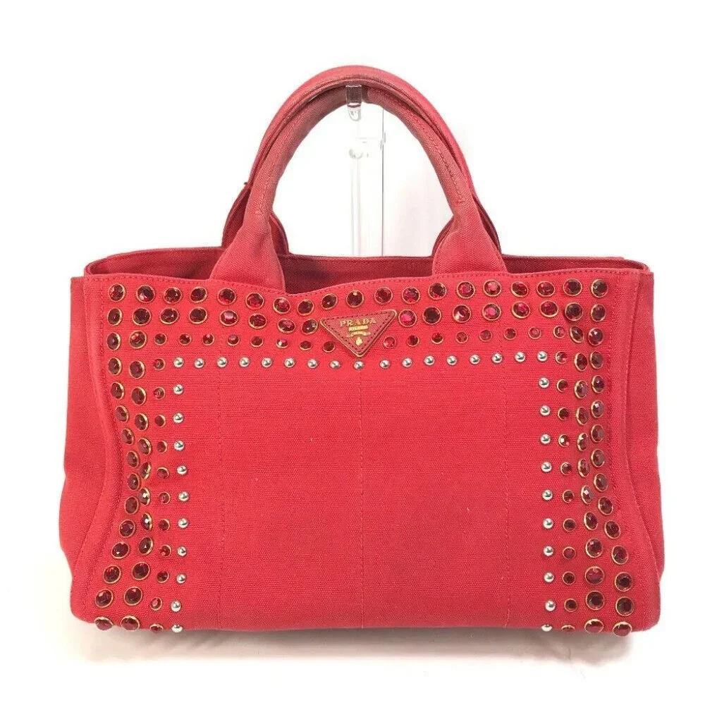 PRADA triangle logo plate Kanapa GM Bijoux Hand Bag Tote Bag Canvas Red - Picture 1 of 16
